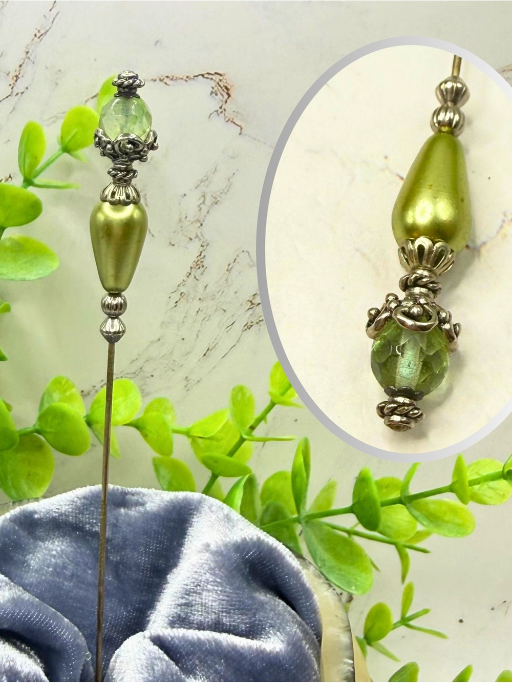 Teardrop Light Green Faux Pearl & Faceted Glass Crystal Silver Filigree Hatpin